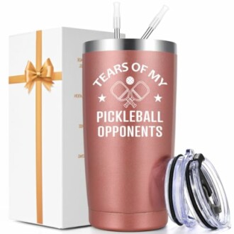 Rose gold tumbler with 'Tears of My Pickleball Opponents' text, gift box, and lids.