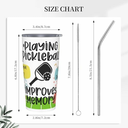 Size chart for pickleball-themed tumbler with straw and cleaning brush.