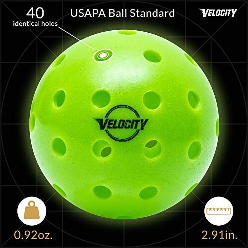 Green pickleball with 40 holes, USAPA standard, weight 0.92 oz, diameter 2.91 in.