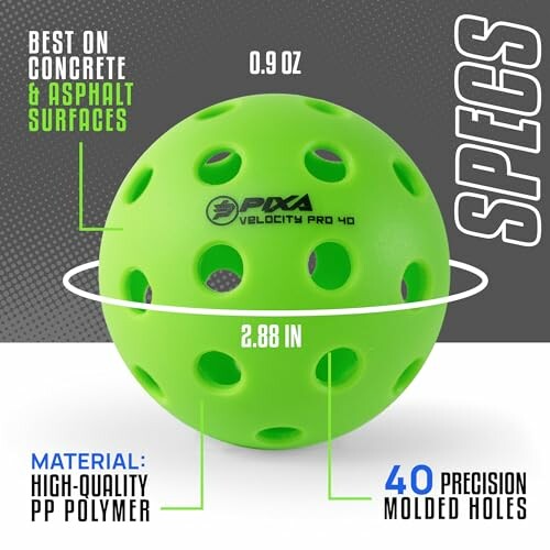 Green pickleball with specs and features highlighted.