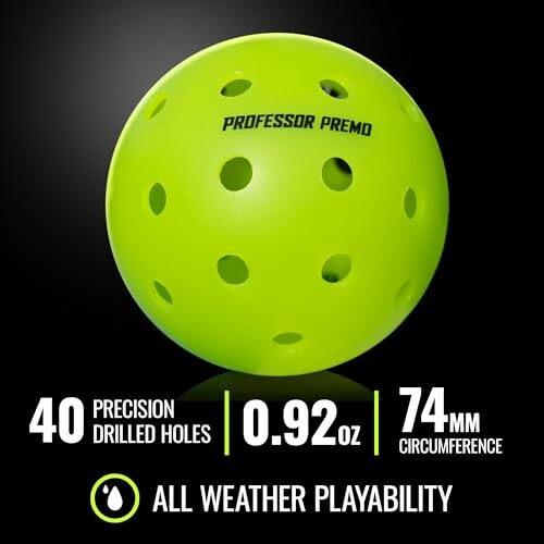 Green pickleball with 40 holes, 0.92 oz, 74mm circumference