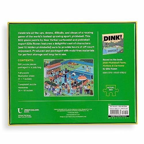 Back of pickleball-themed puzzle box with description and cartoon illustration.