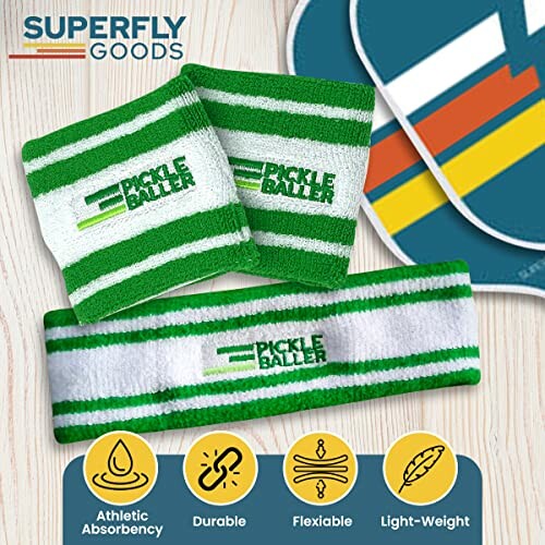 Green and white striped wristbands and headband set with Pickle Baller logo.