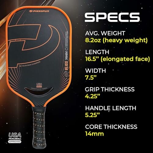 Pikfun pickleball paddle with specifications including weight, length, width, grip thickness, handle length, and core thickness.