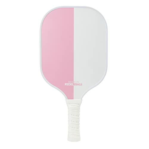 Pink and white pickleball paddle with white grip.