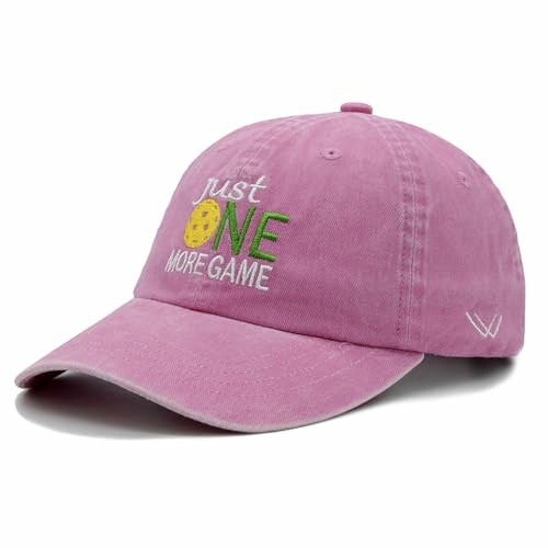 Pink baseball cap with 'Just One More Game' embroidered