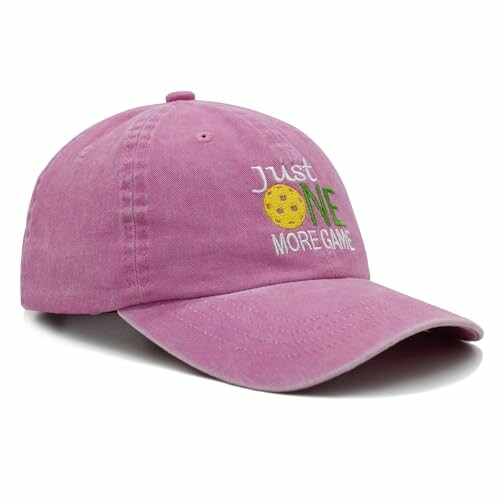 Pink cap with 'Just One More Game' embroidery