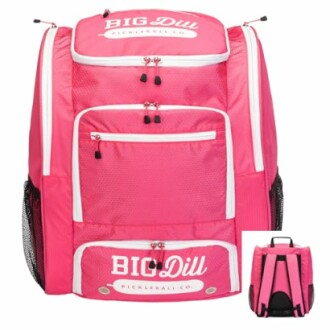 Pink pickleball backpack with multiple compartments