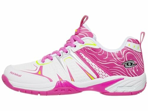 Pink and white pickleball shoe with patterns