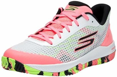 Pink and white sports sneaker with colorful sole.