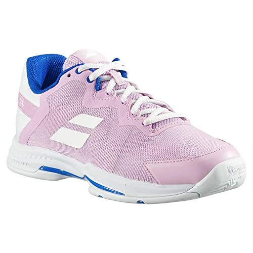 Pink and white tennis shoe with blue accents