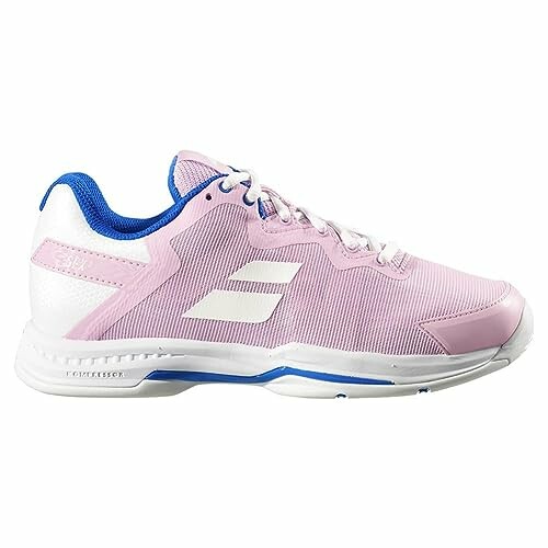 Pink and white tennis shoe with blue accents