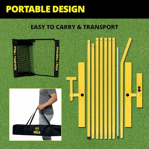 Portable pickleball net set with carrying bag and components.