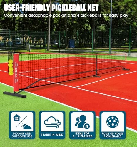 User-friendly pickleball net on outdoor court with features: detachable pocket, suitable for 2-4 players, stable in wind, and includes four 40-hole pickleballs.