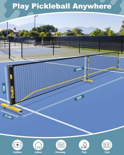 Portable pickleball net on an outdoor court with measurement details.