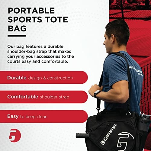 Person carrying a portable sports tote bag with features listed: durable design, comfortable strap, easy to clean.