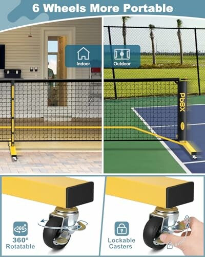 Portable tennis net with wheels for indoor and outdoor use.