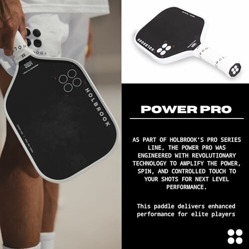 Person holding Holbrook Power Pro paddle with product description.