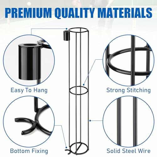 Diagram showing features of a metal stand with easy to hang design, strong stitching, bottom fixing, and solid steel wire.