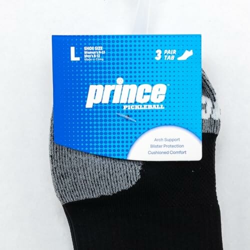 Prince Pickleball socks packaging with arch support and blister protection features.