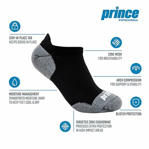 Black and gray Prince pickleball socks with features highlighted.