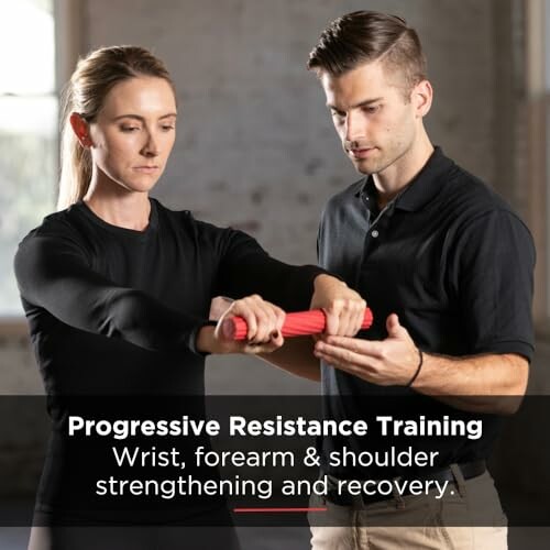 Two people practicing progressive resistance training with a focus on wrist, forearm, and shoulder strengthening.