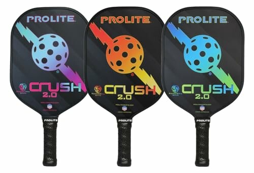 Three Prolite Crush 2.0 pickleball paddles with colorful designs.