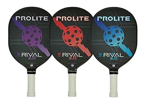 Three Prolite Rival 2.0 pickleball paddles in purple, red, and blue.