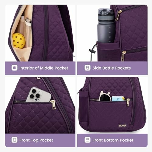 Purple backpack with various pockets and items inside.