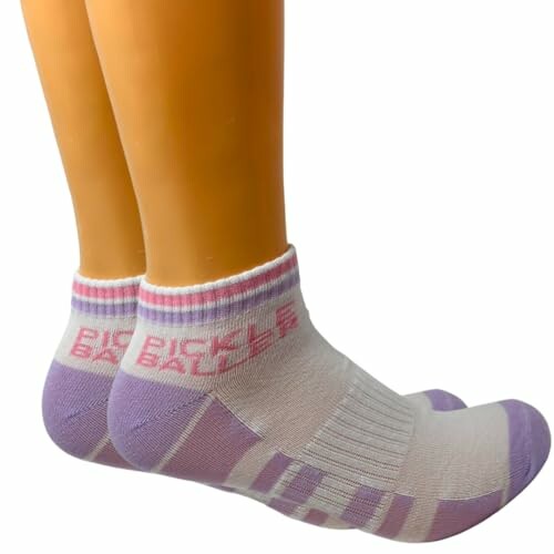 Purple and white pickleball socks on mannequin feet