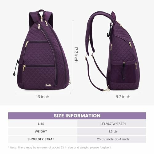 Purple shoulder backpack with dimensions and size information.