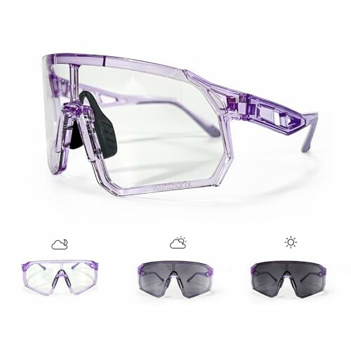 Purple sport sunglasses with interchangeable lenses.