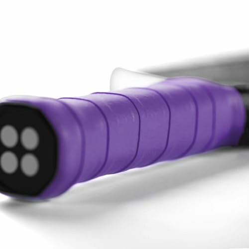 Close-up of a purple tennis racket handle