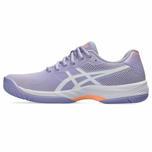 Purple tennis shoe with white logo and orange accents.