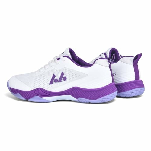 White and purple sports shoes with logo.