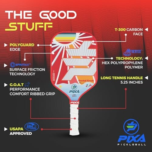 PXa pickleball paddle highlighting features like T-300 carbon face, polyguard edge, and comfort grip.