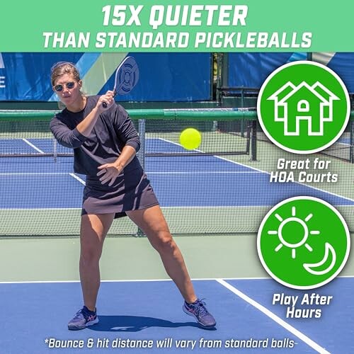 Person playing pickleball with text highlighting quieter ball benefits.