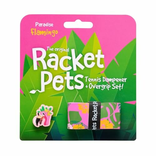 Racket Pets tennis dampener and overgrip set with flamingo design.