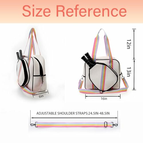 Size reference for a gym bag with rainbow straps, showing dimensions and adjustable shoulder straps.