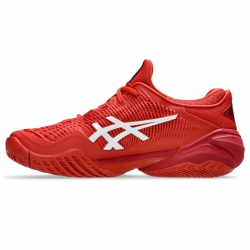 Red athletic shoe with white logo