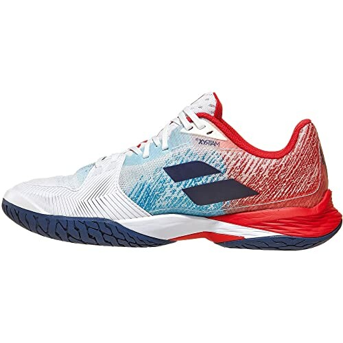 Red, white, and blue sports shoe with textured sole