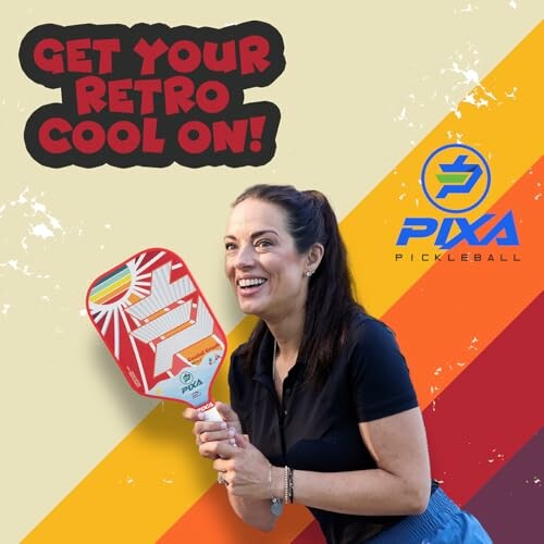 Woman holding a retro pickleball paddle with colorful background