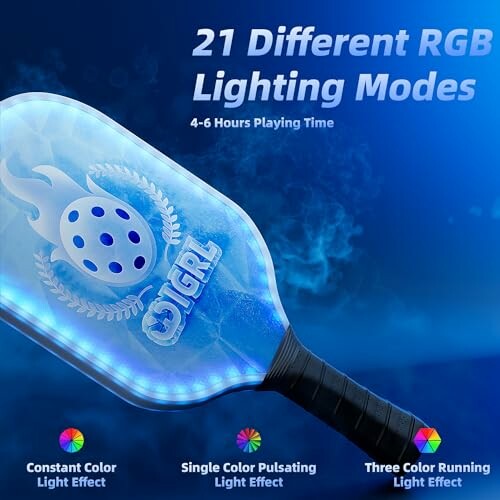 RGB lighting paddle with 21 modes and playing time details.