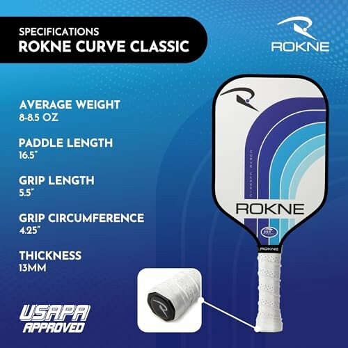 Specifications of ROKNE Curve Classic pickleball paddle with weight, length, grip, and thickness details.