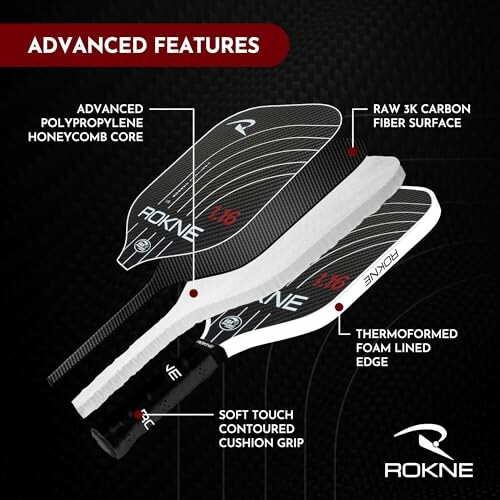 Detailed view of ROKNE pickleball paddle features including carbon fiber surface and foam lined edge.