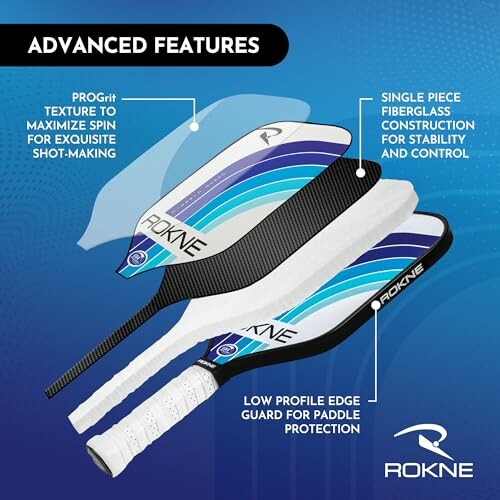 Rokne pickleball paddle features: PROGrit texture, single piece fiberglass, low profile edge guard.