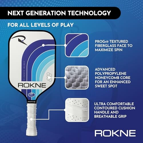 Rokne pickleball paddle with features: textured face, polypropylene core, contoured handle.