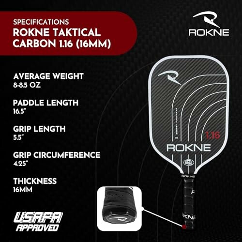 ROKNE Taktical Carbon pickleball paddle with specifications.