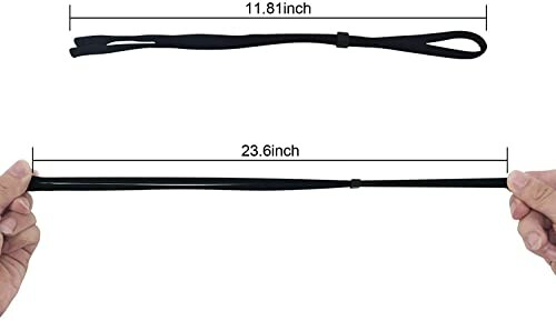 Two hands holding a black rubber twist tie with measurements.