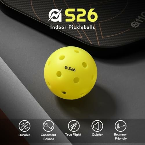 S26 yellow indoor pickleball on table with product features